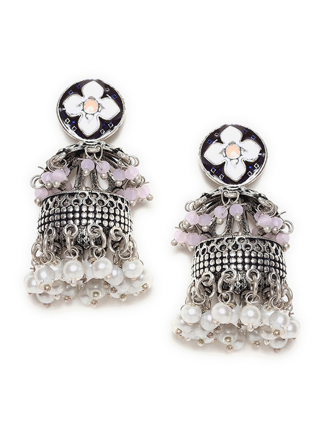 

W Silver-Toned & Lavender Dome Shaped Jhumkas Earrings
