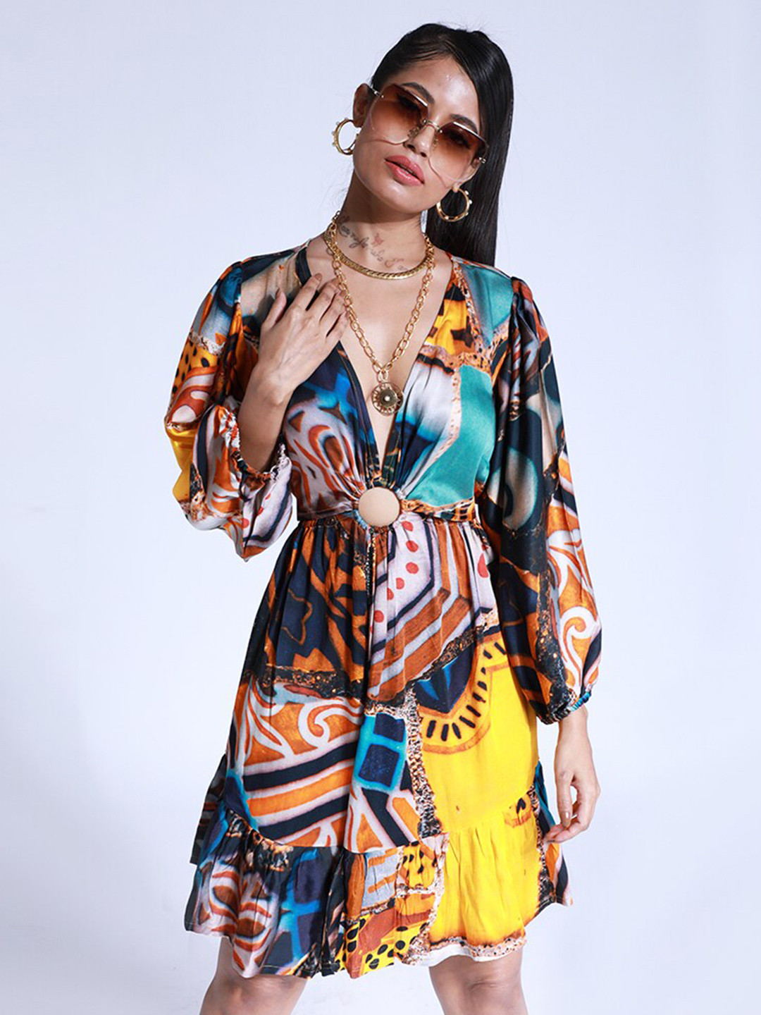 

Missy Women Multicolor Moroccan Print Short Dress with Sleeves, Multi