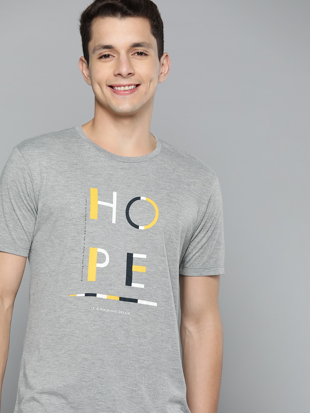 

Mast & Harbour Men Grey Melange & Yellow Typography Printed T-shirt