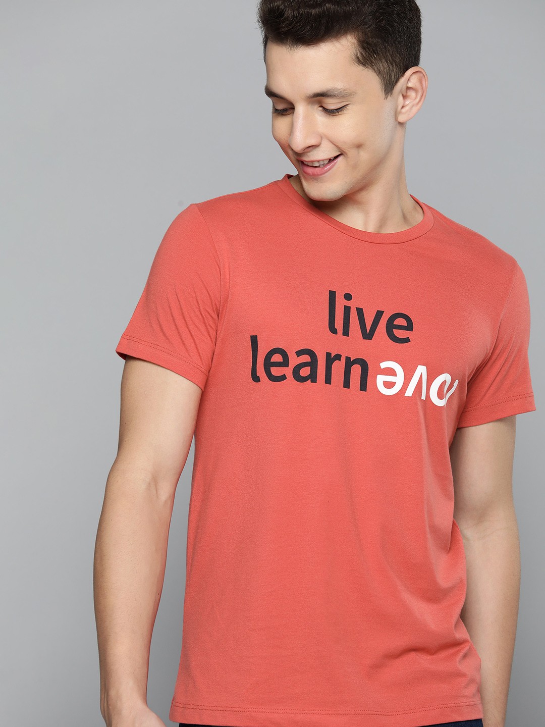 

Mast & Harbour Men Coral Red & Black Typography Printed T-shirt