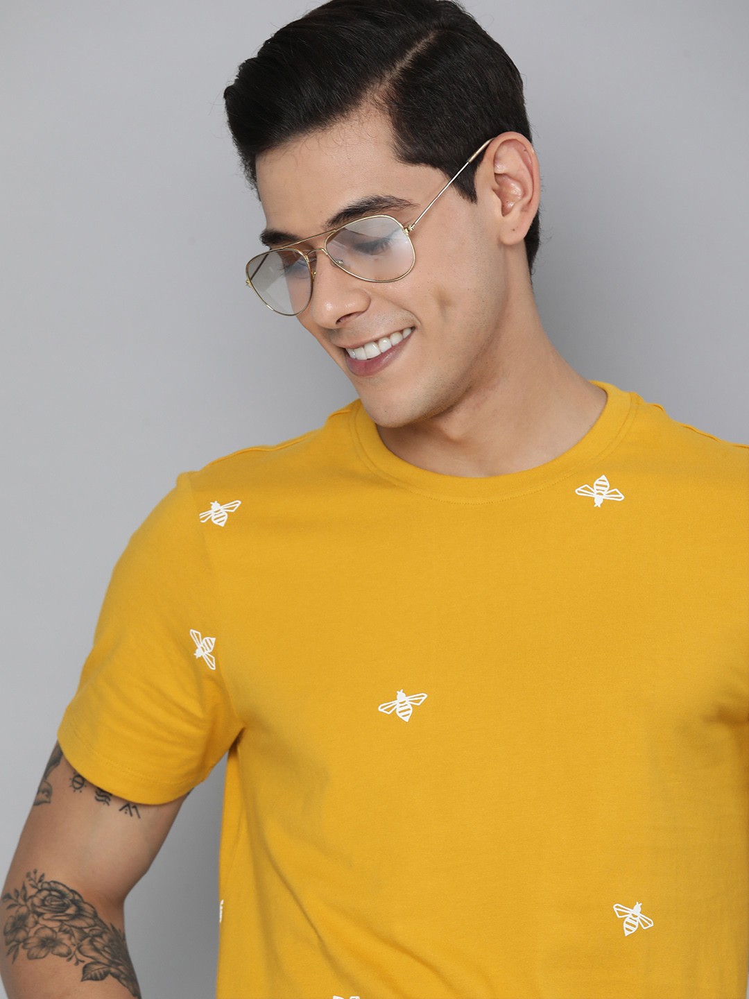 

Mast & Harbour Men Mustard Yellow & White Printed Pure Cotton T-shirt