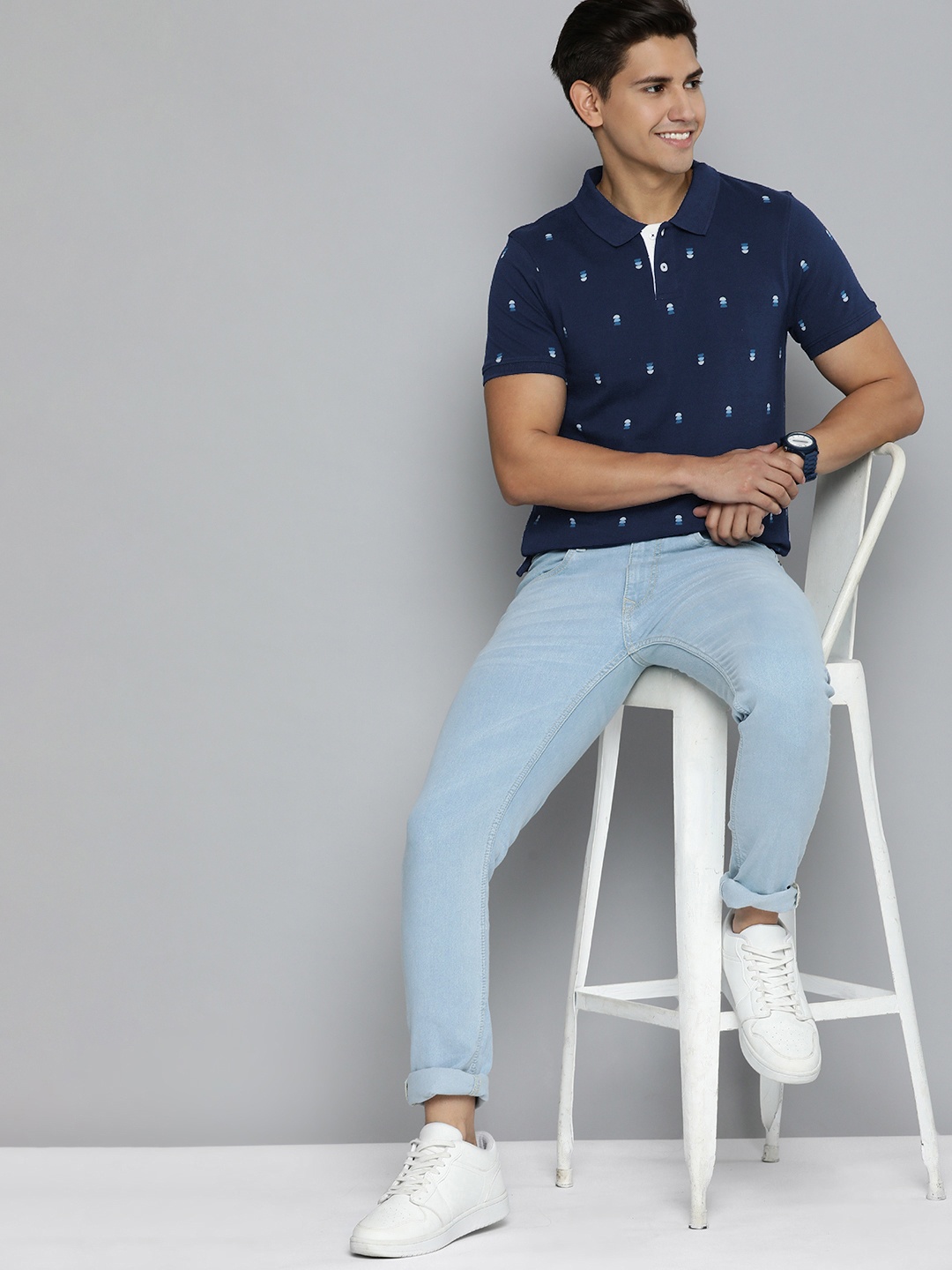 

Mast & Harbour Men Pure Cotton Printed Polo Collar T-shirt, Navy blue