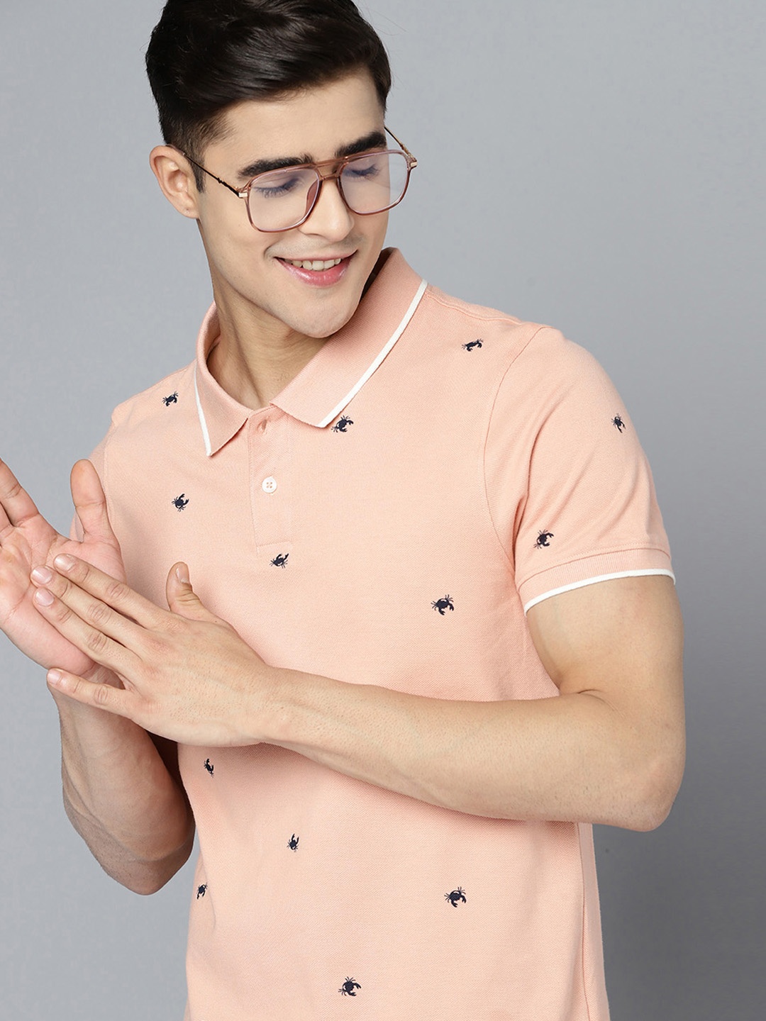 

Mast & Harbour Men Printed Polo Collar Pure Cotton T-shirt, Peach