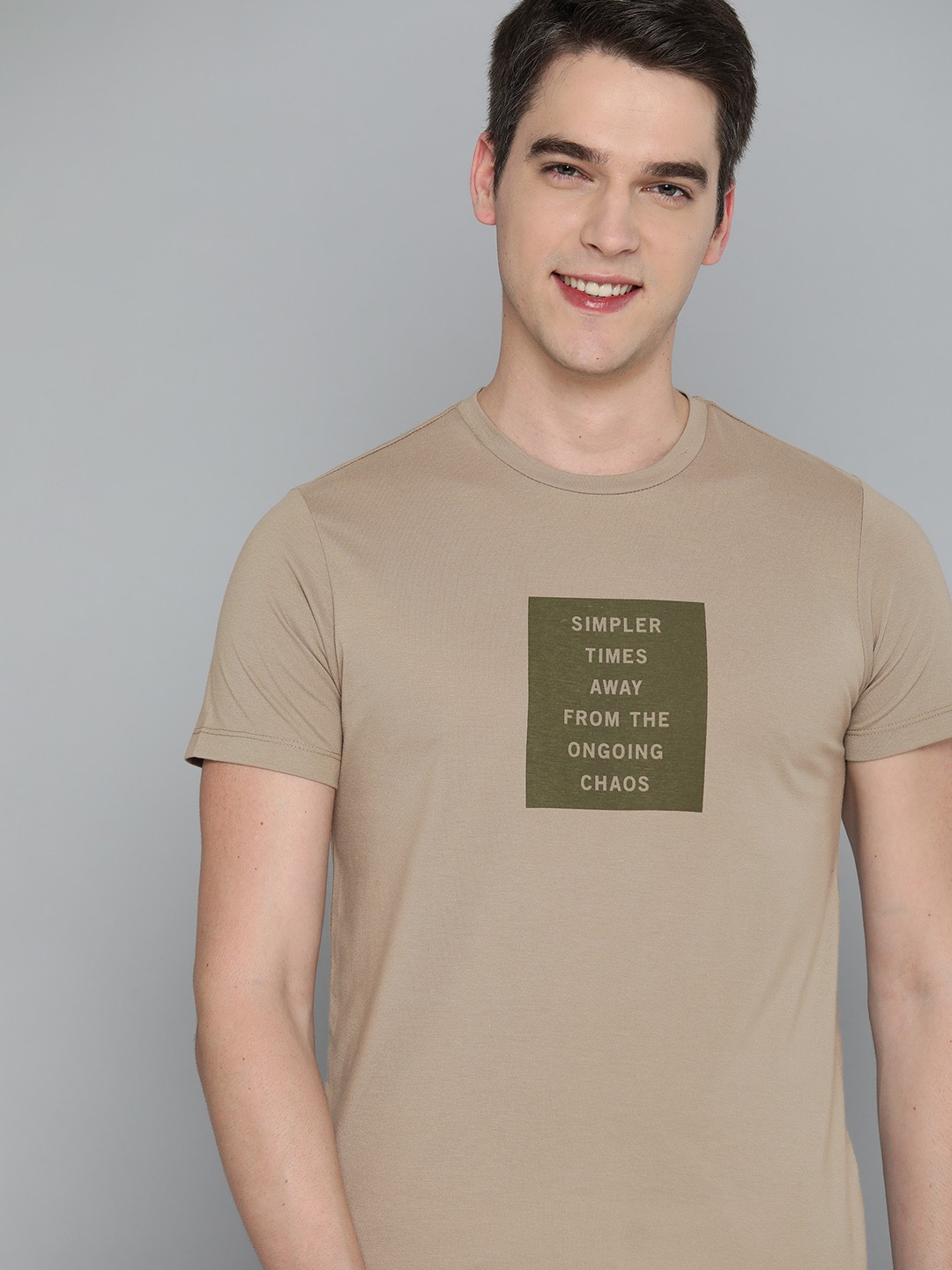 

Mast & Harbour Men Taupe Typography Printed T-shirt