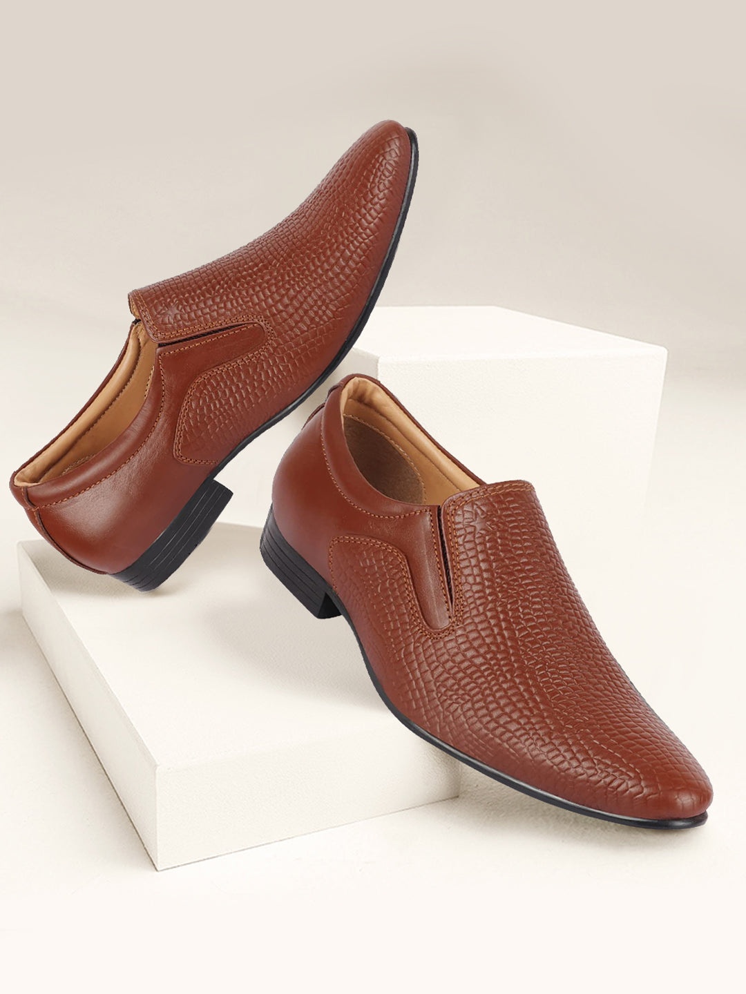

FAUSTO Men Tan Embossed Formal Leather Slip On Shoes