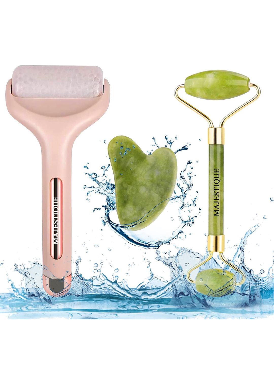 

MAJESTIQUE Set of 2 Jade Face Roller & 1 Gua Sha Face Massager, Multi