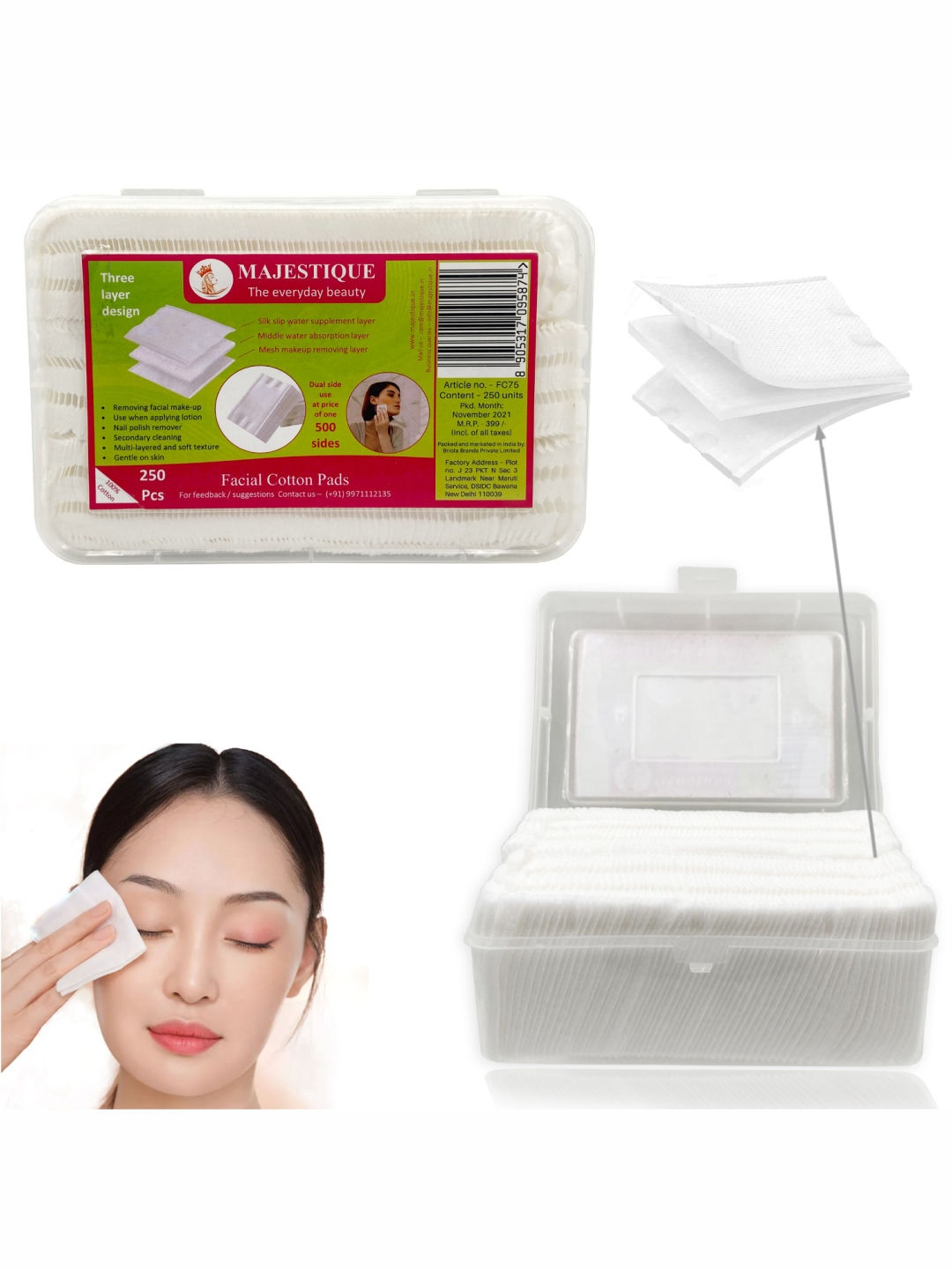 

MAJESTIQUE Cosmetic Facial Care Cleansing Square Tissues Cotton Pads - 250 Pads, White