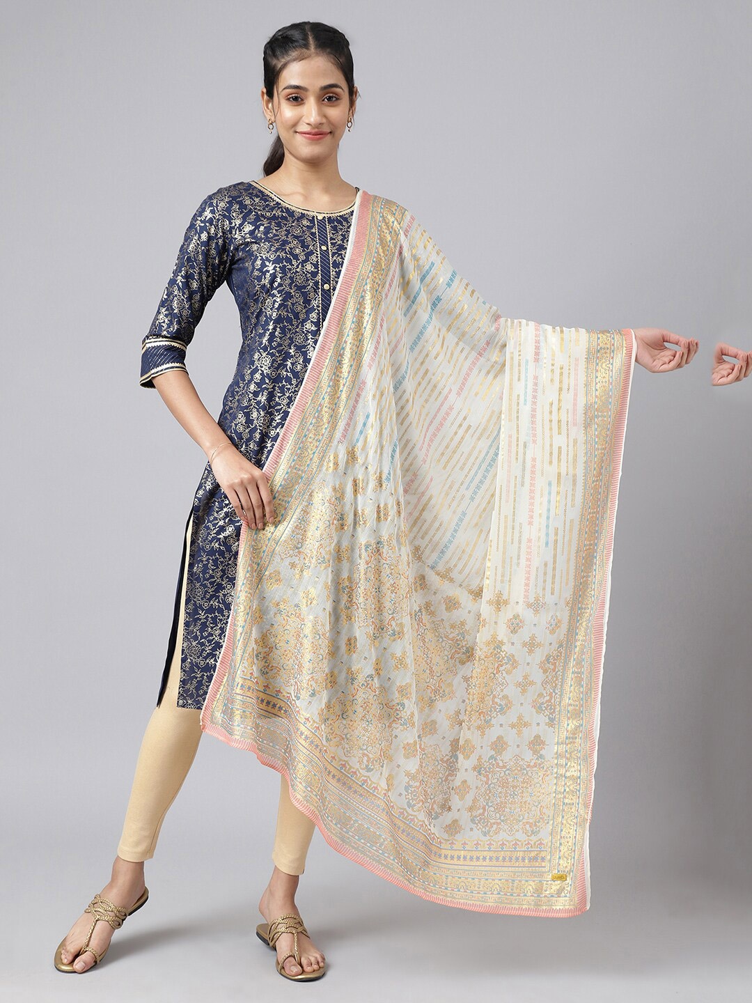 

AURELIA Cream-Coloured & Pink Printed Dupatta
