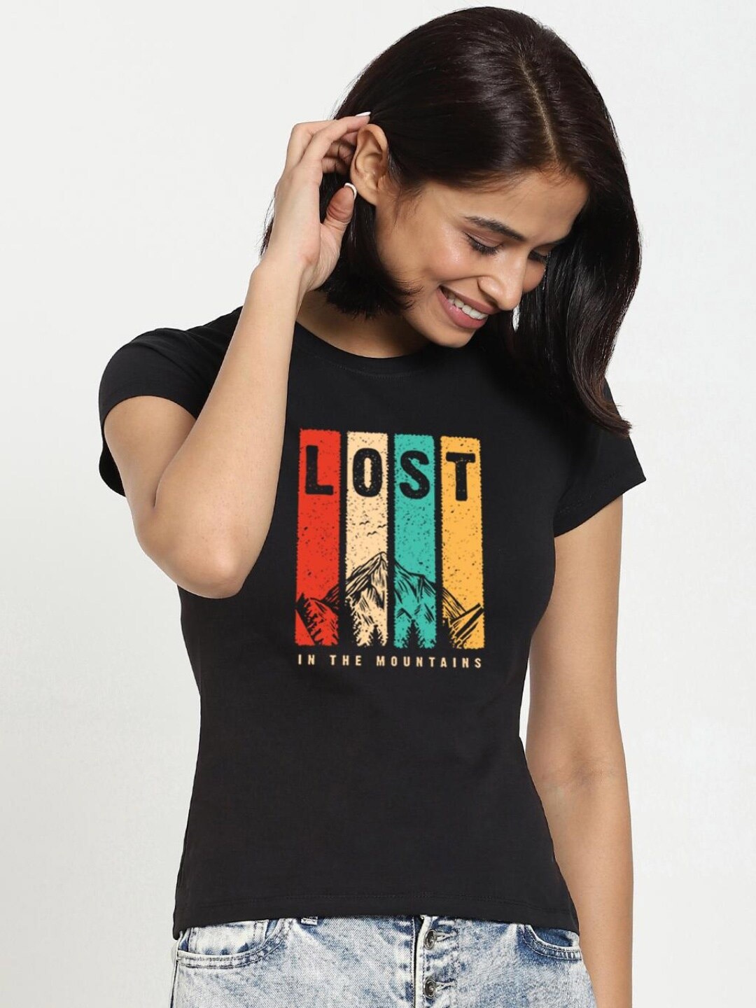 

Bewakoof Women Black Typography Printed Pure Cotton Slim Fit T-shirt