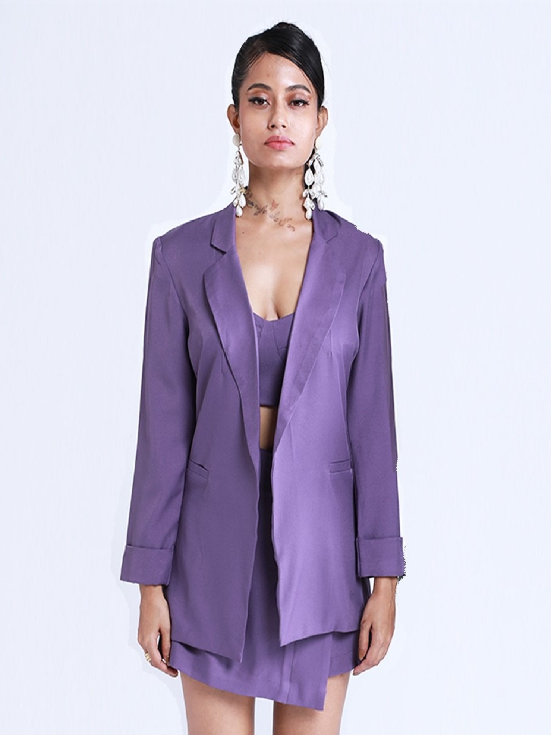 

MISSY Women Purple Checked Longline Open Front Jacket with Embroidered