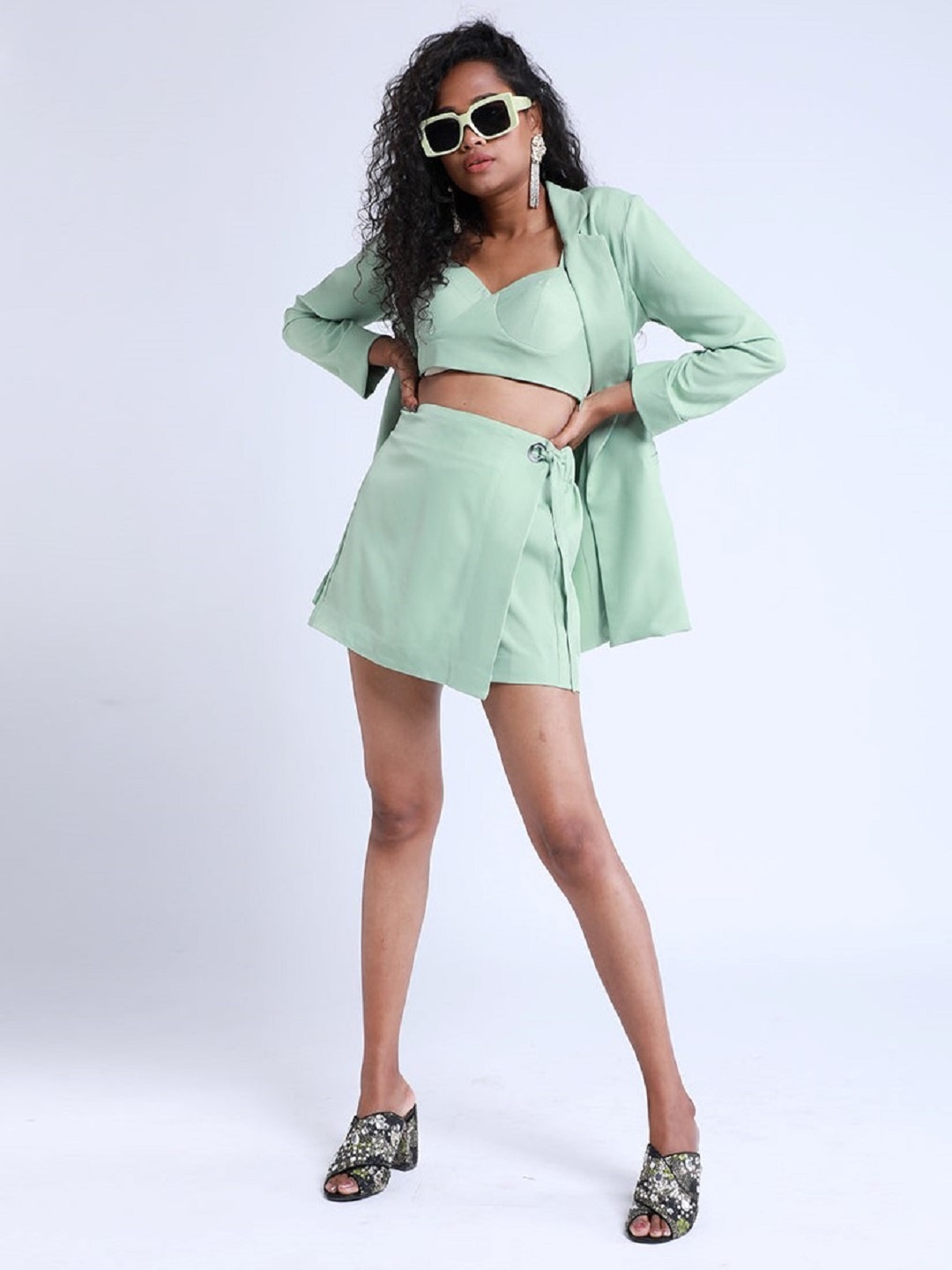 

MISSY Women Green Solid Pure Cotton Open Front Blazer