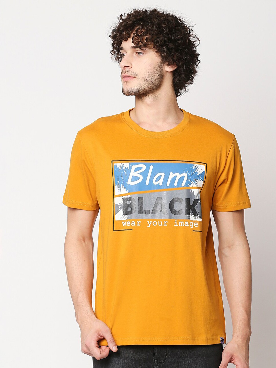 

Blamblack Men Mustard Yellow Typography Printed T-shirt