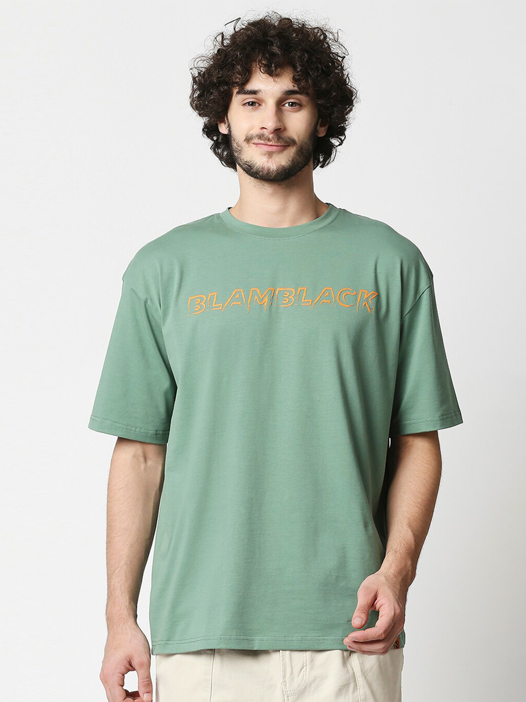 

Blamblack Men Green Brand Logo Printed Loose T-shirt