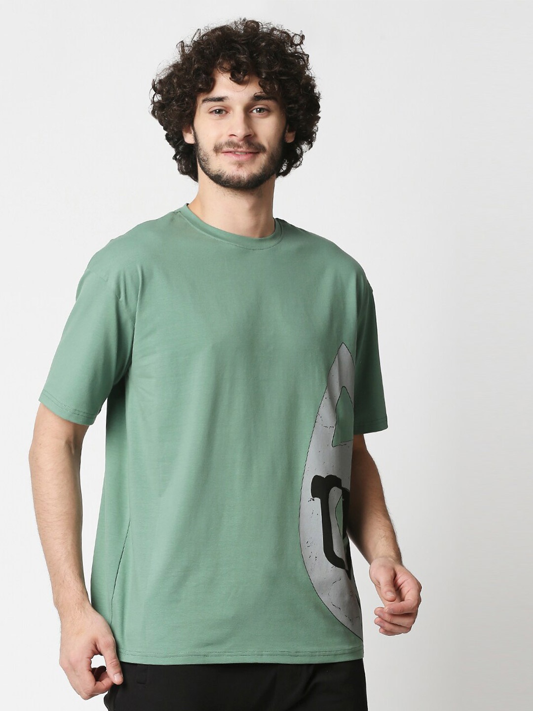 

Blamblack Men Green Printed Round Neck Loose T-shirt