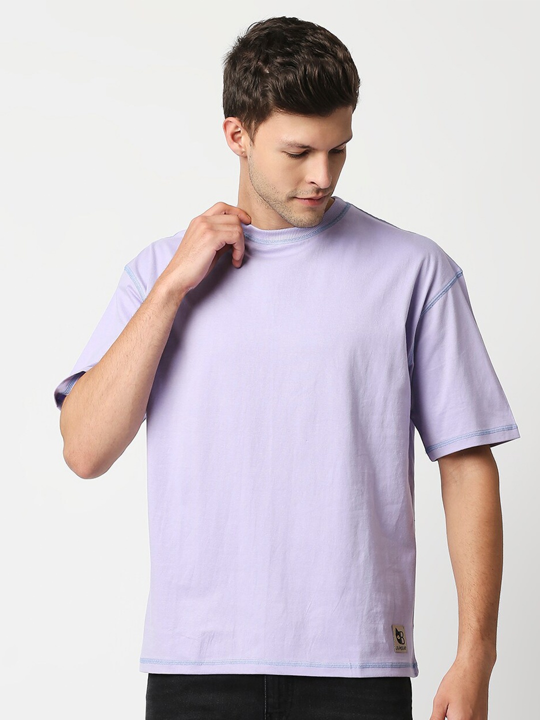 

Blamblack Men Lavender Round Neck Loose T-shirt