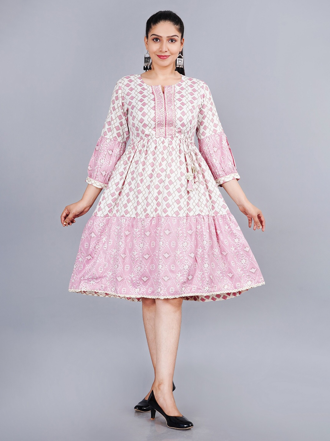 

EtnicaWear Pink & White Printed Flared Pure Cotton Dress
