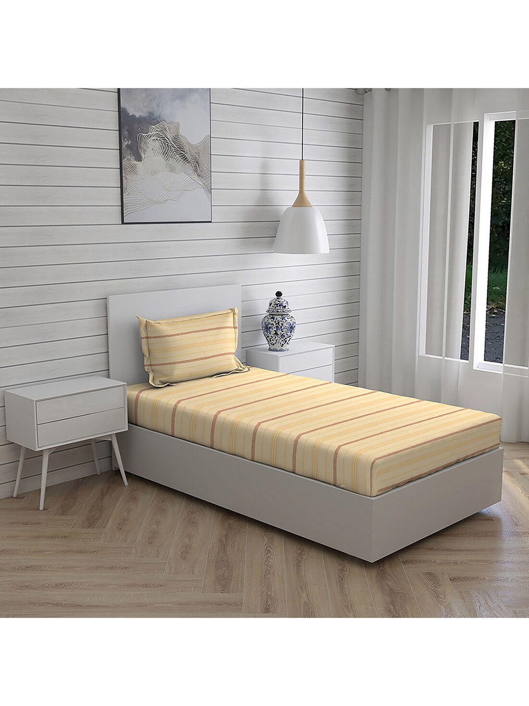 

Boutique Living India Beige & Brown Striped 144 TC Single Bedsheet with 1 Pillow Covers