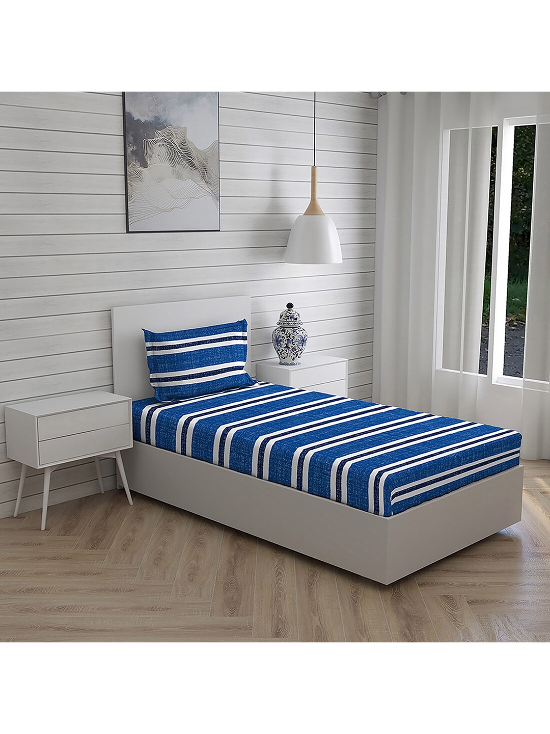 

Boutique Living India Blue & White Striped 144 TC Single Bedsheet with 1 Pillow Covers