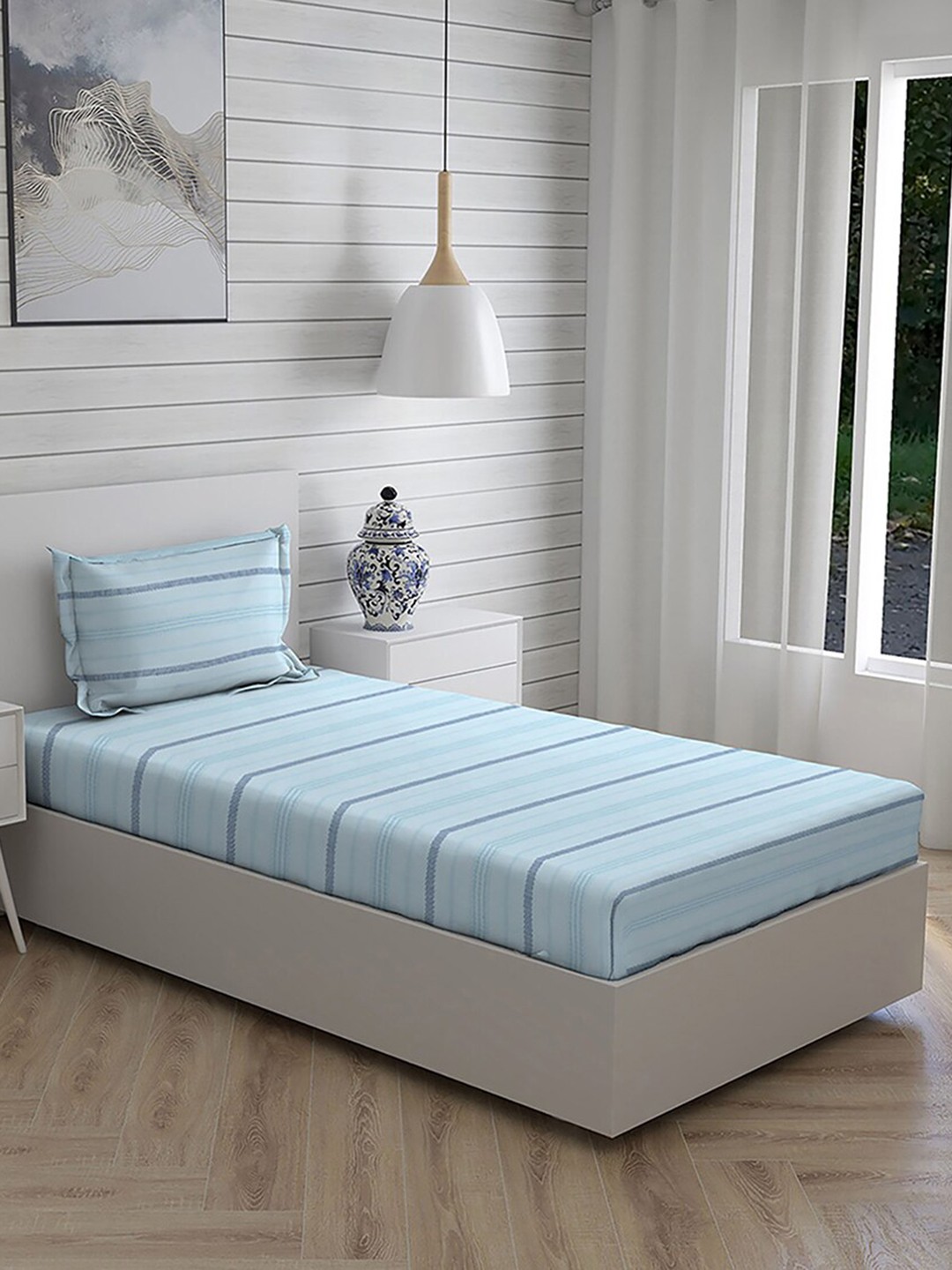

Boutique Living India Blue Striped 144 TC Single Cotton Bedsheet with 1 Pillow Covers