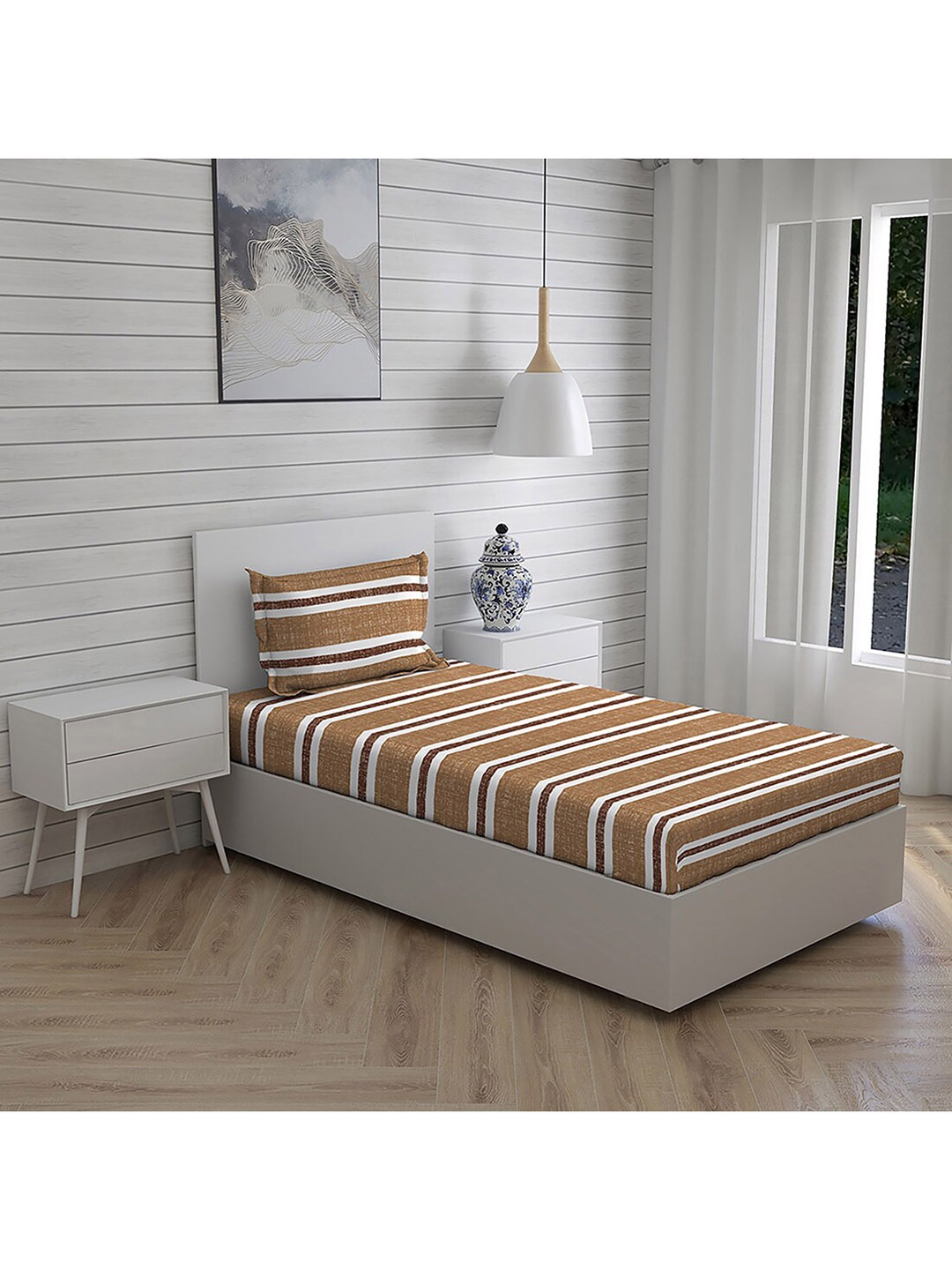 

Boutique Living India Brown & Off White Cotton 144 TC Single Bedsheet with 1 Pillow Covers