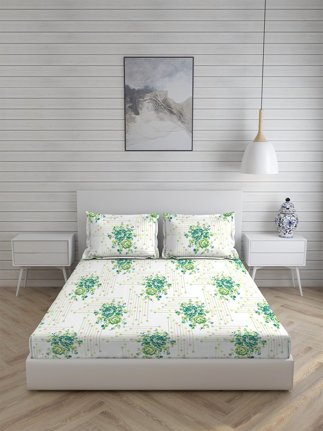 

Boutique Living India Green & White 225 TC Cotton King Bedsheet with 2 Pillow Covers