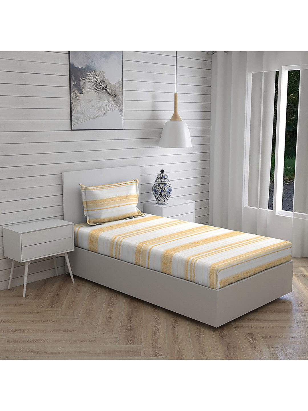 

Boutique Living India Beige & Yellow Striped 144 TC Single Bedsheet with 1 Pillow Covers