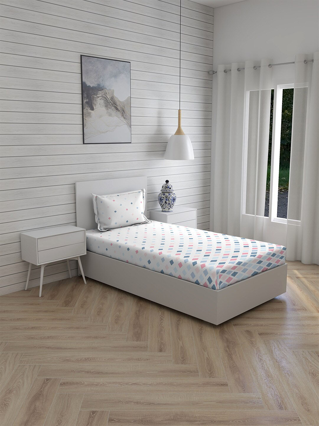 

Boutique Living India Blue & Off White Geometric 230 TCSingle Bedsheet with1 Pillow Covers