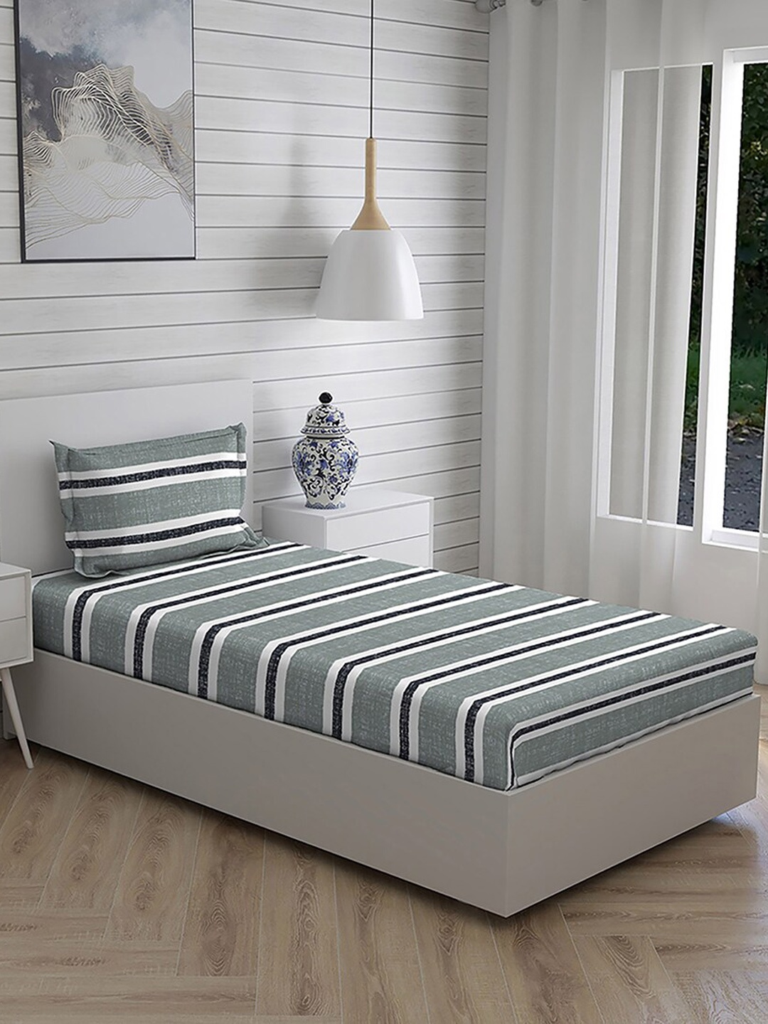 Boutique Living India Unisex Grey 146 TC Cotton Single Bedsheet With 1 Pillow Cover