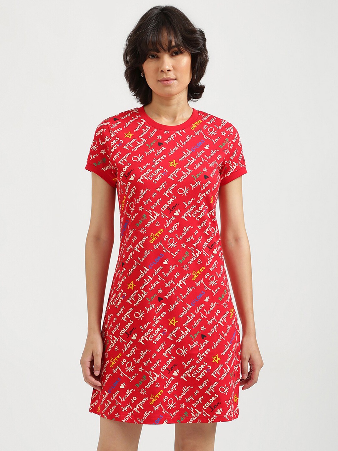 

United Colors of Benetton Women Red Typography Printed A-Line Dress