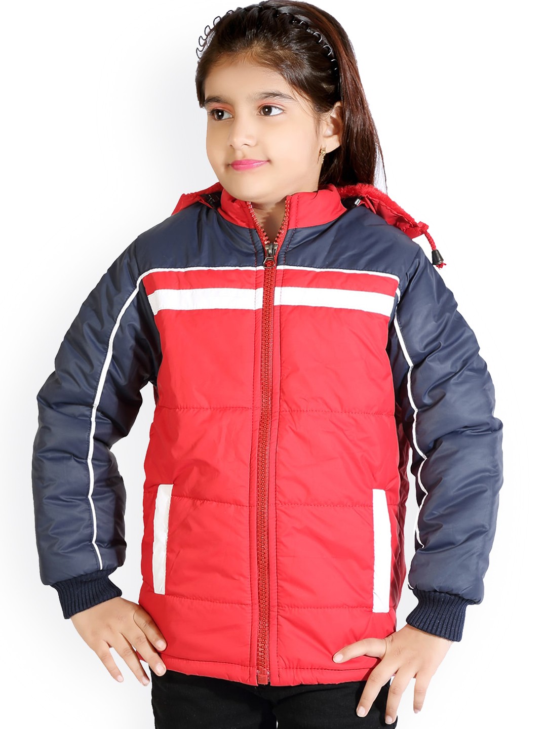 

AD & AV Girls Red Striped Water Resistant Puffer Jacket with Patchwork
