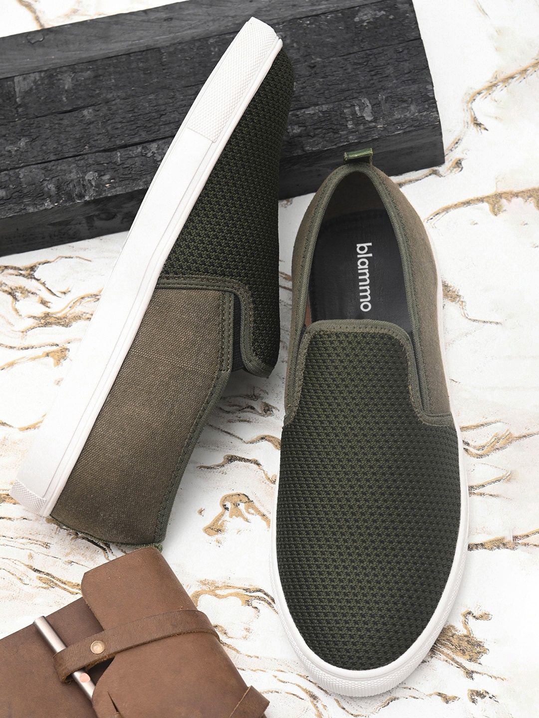 

Blammo Men Olive Green Woven Design Slip-On Sneakers