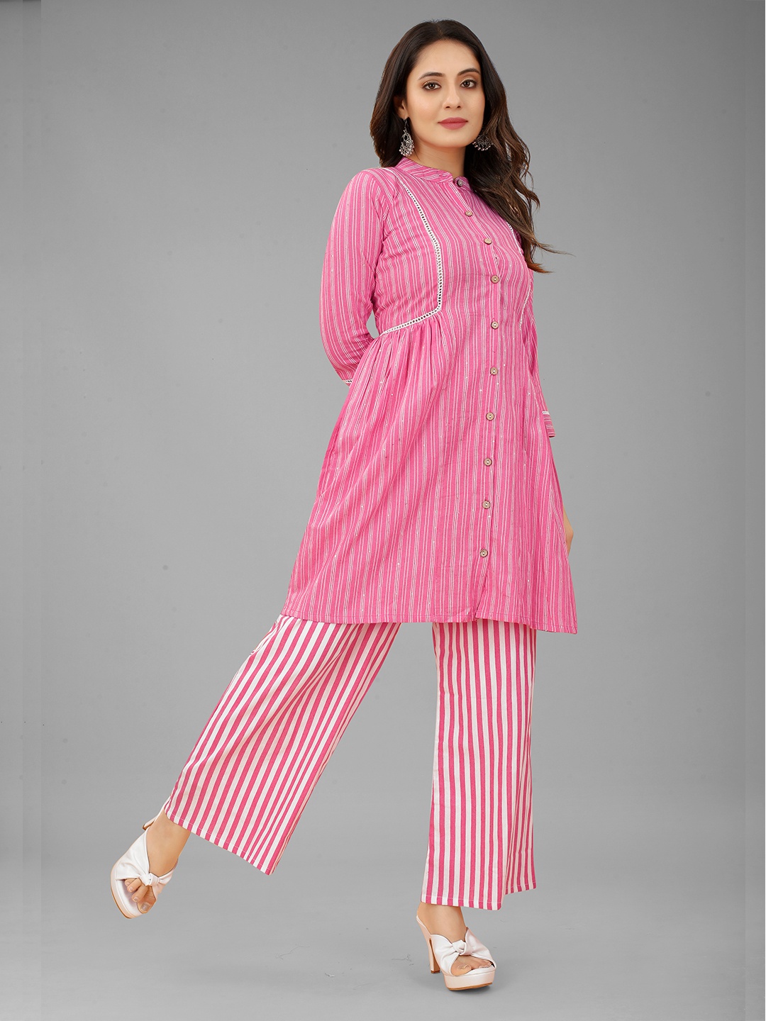 

GUNVANTI FAB Women Pink Striped Panelled Sequinned Kurta With Trouser