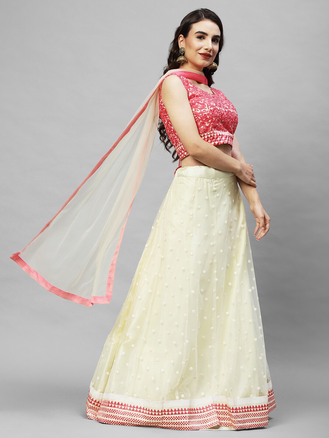 

RedRound Pink & White Embroidered Semi-Stitched Lehenga & Unstitched Blouse With Dupatta