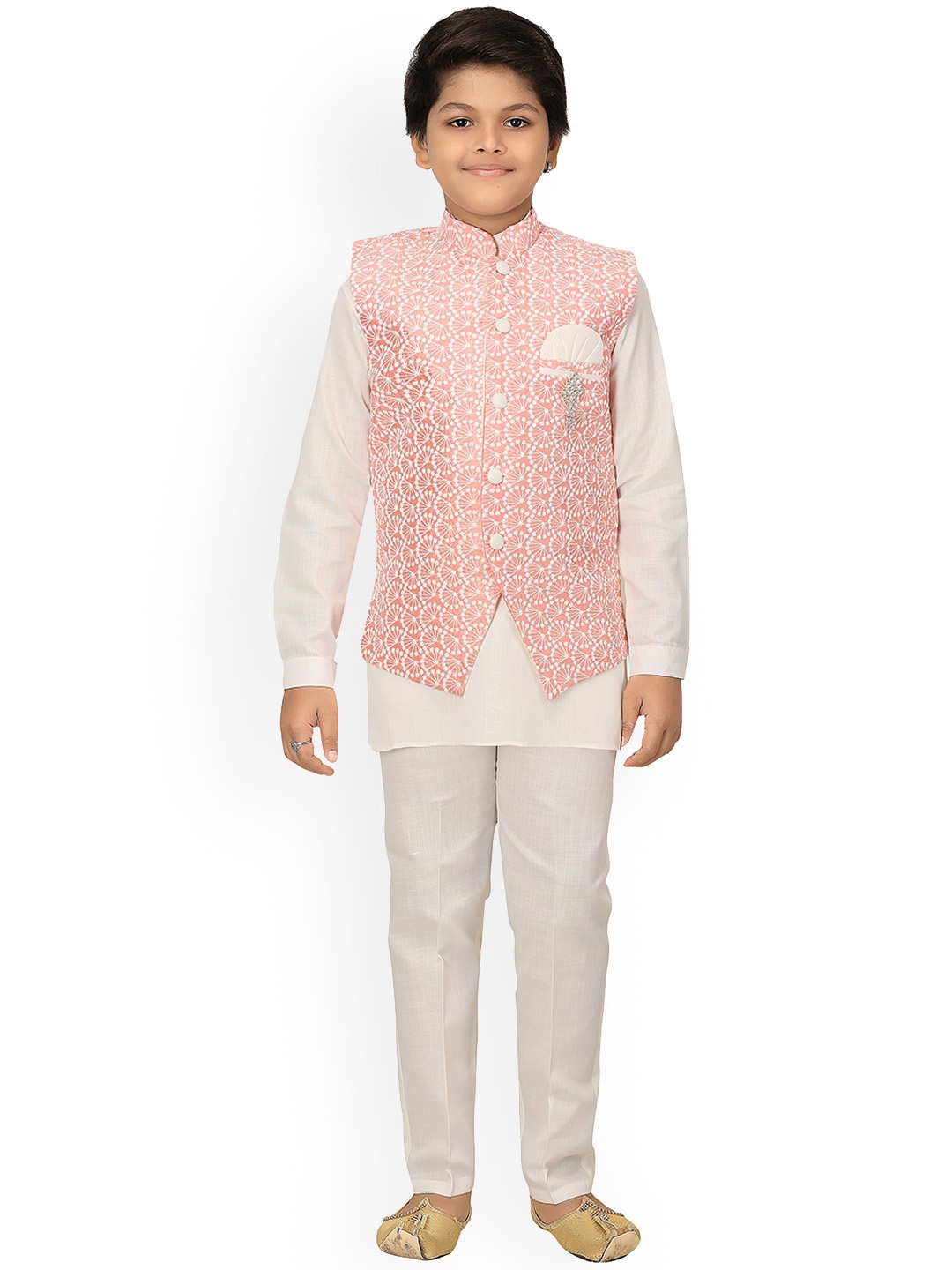 

ahhaaaa Boys Pink Kurta & Pyjamas With Printed Nehru Jacket