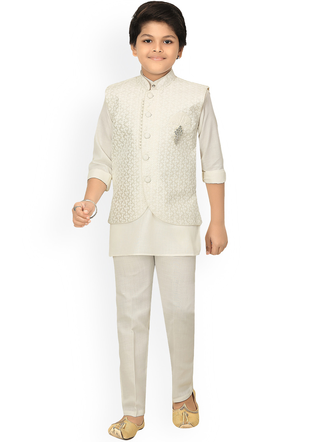 

ahhaaaa Boys White Mandarin Collar Kurta with Pyjama & Chikankari Waistcoat