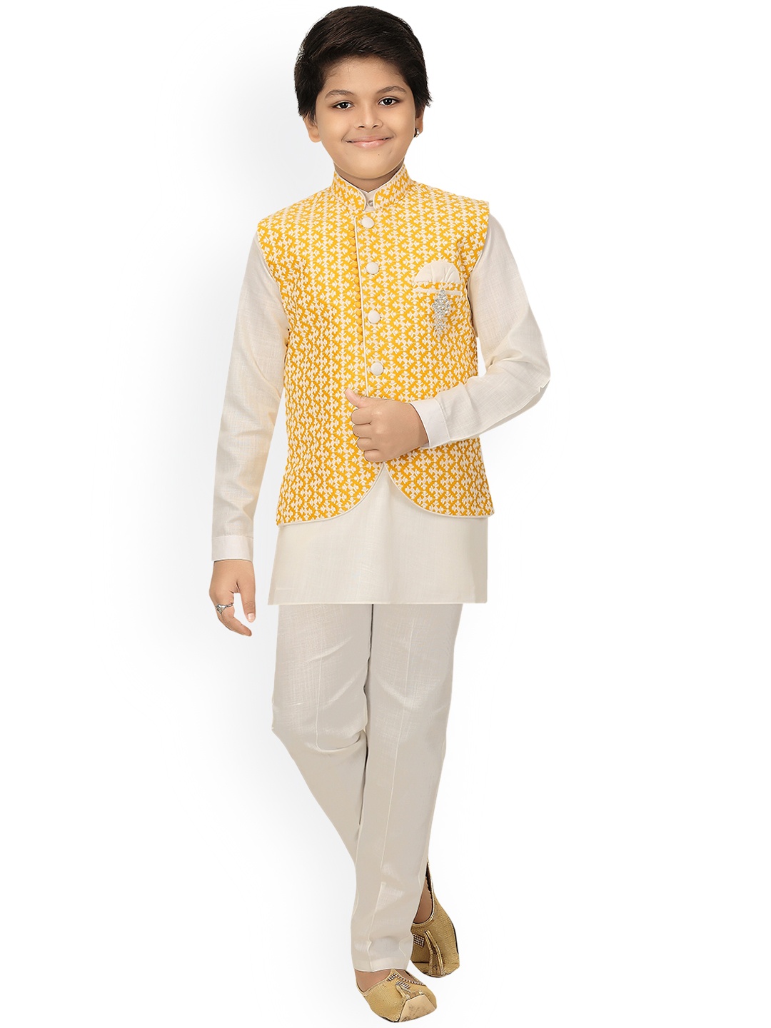 

ahhaaaa Boys Yellow Kurta with Pyjama & Chikankari Waistcoat