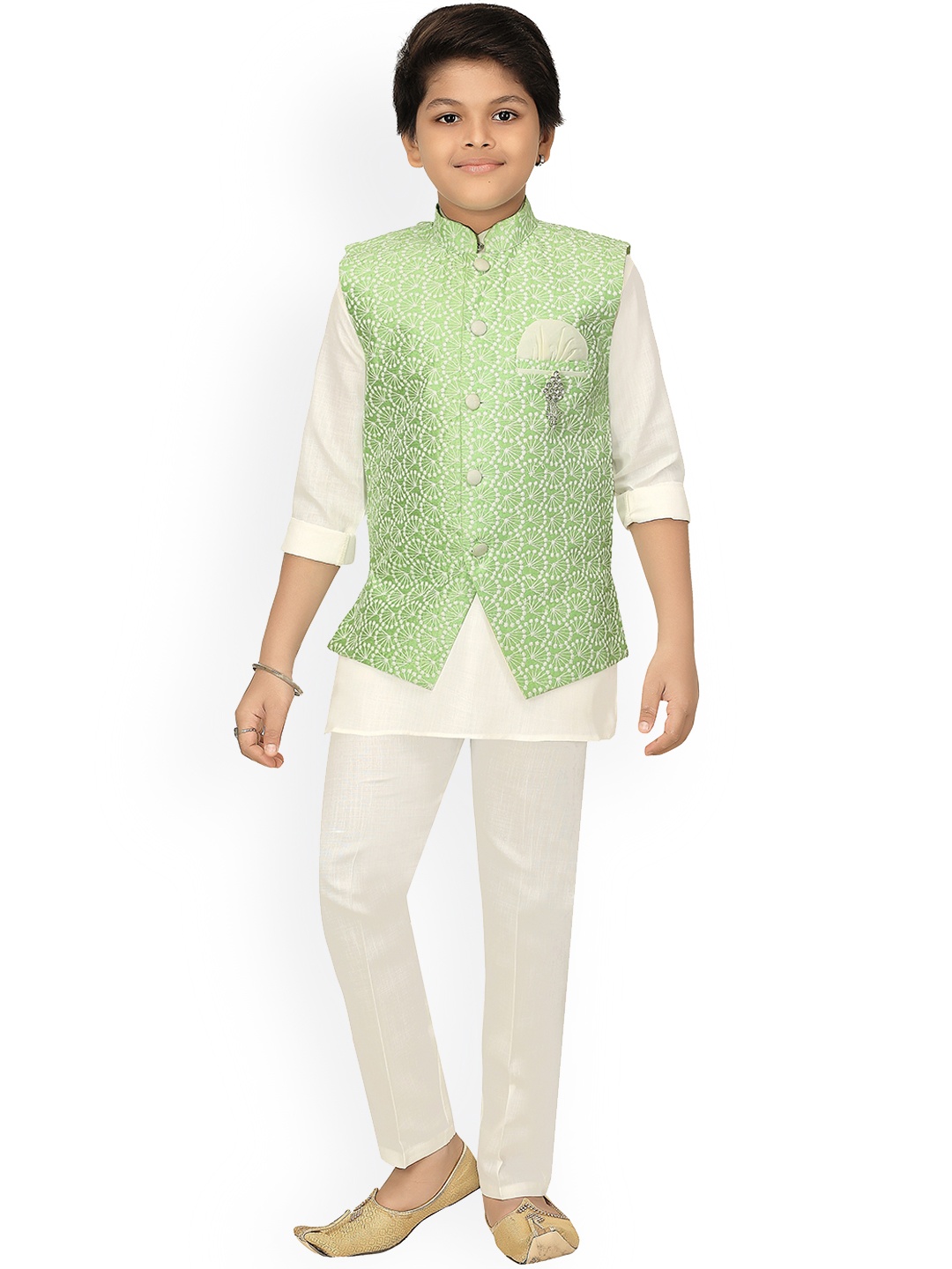 

ahhaaaa Boys Green Kurta with Pyjama & Chikankari Waistcoat