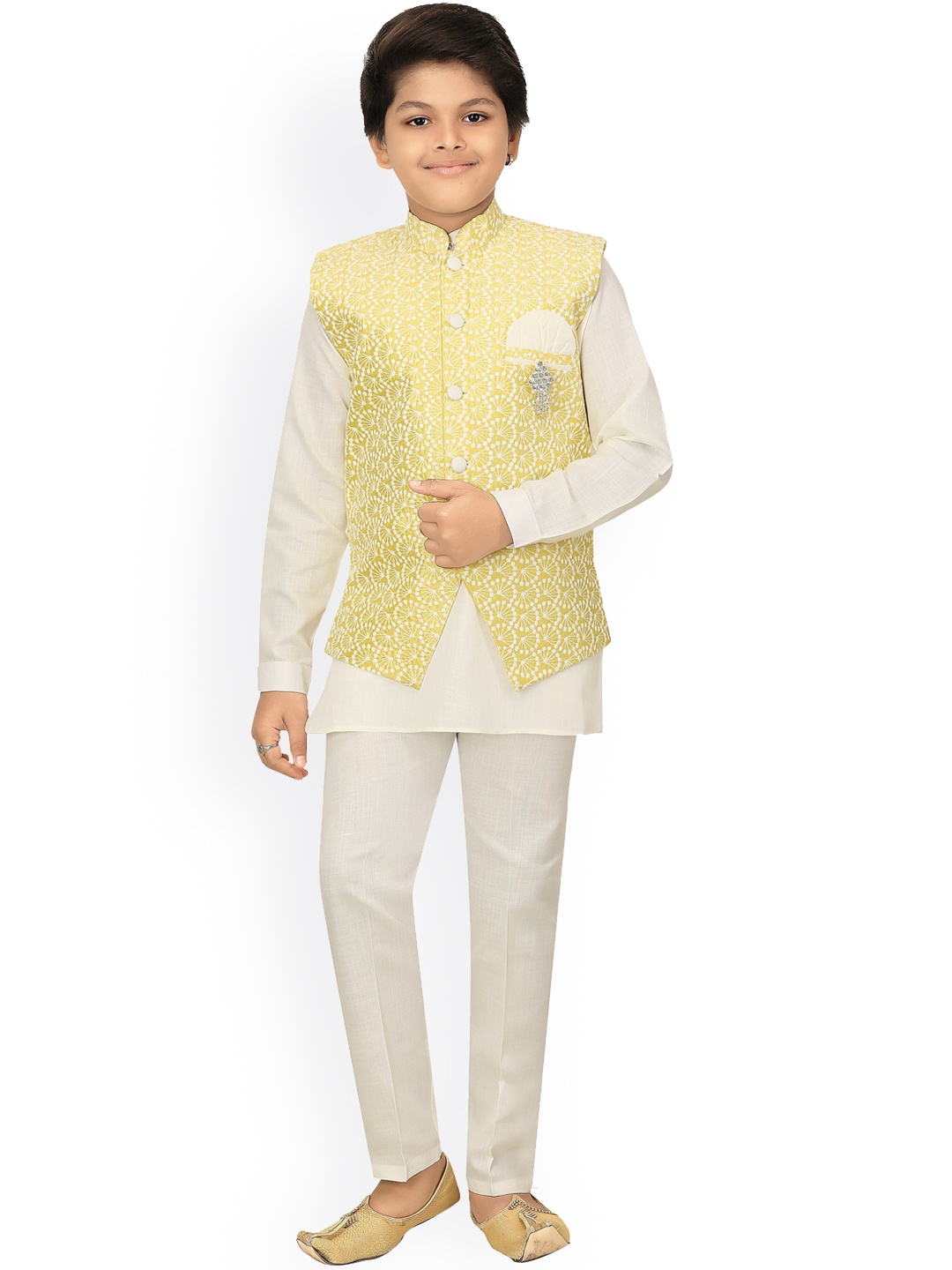 

ahhaaaa Boys Yellow Embroidered Kurti with Pyjamas