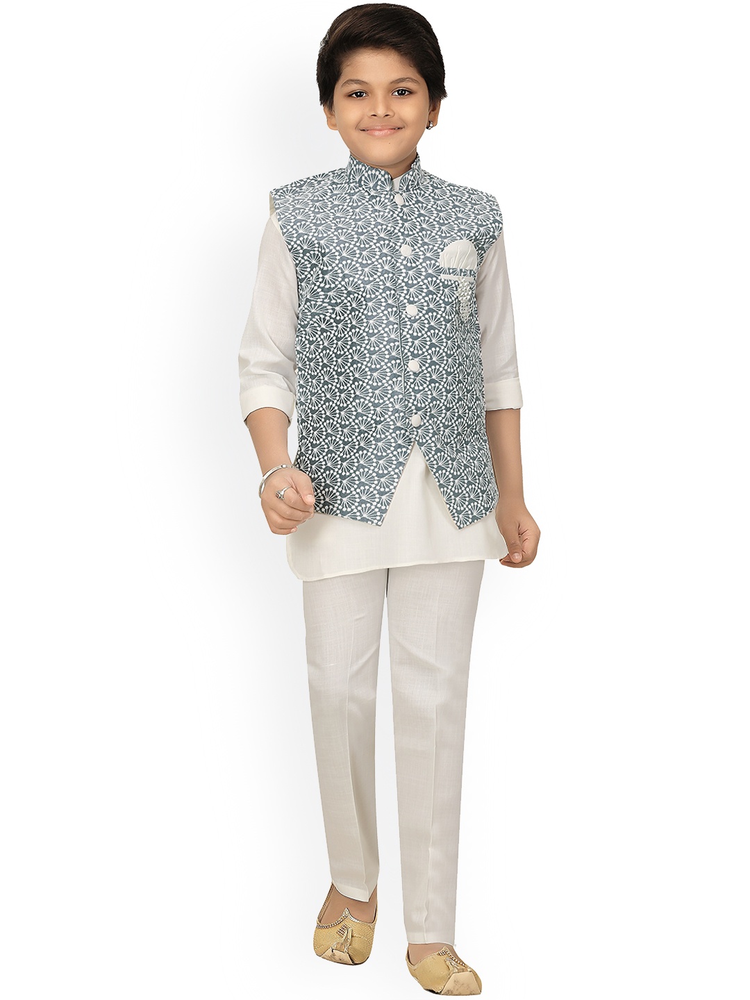 

ahhaaaa Boys Grey Floral Kurta Pyjamas With Waistcoat