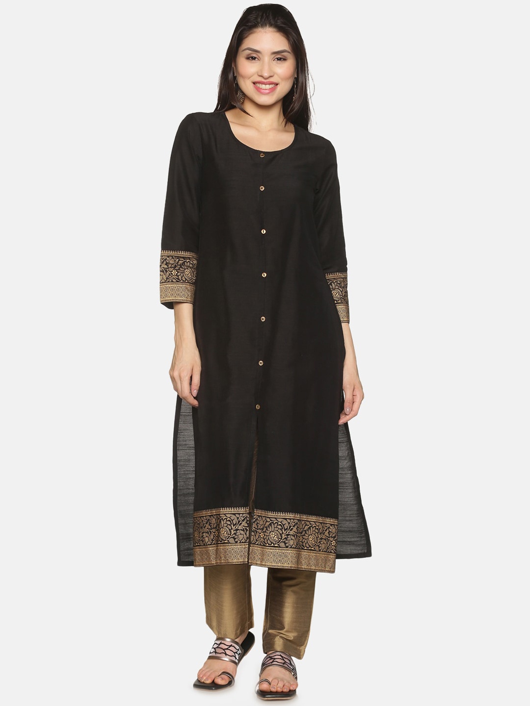 

Saffron Threads Women Black Art Silk Kurta with Slub Trousers