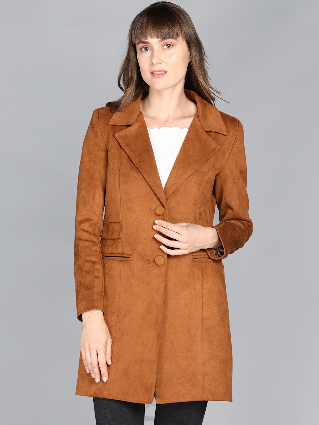 

LEBORK Women Tan Brown Solid Longline Coats