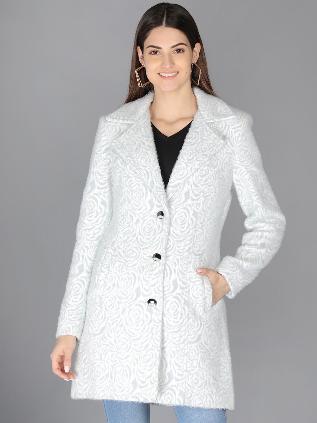

LEBORK Women White Self-Design Longline Coats