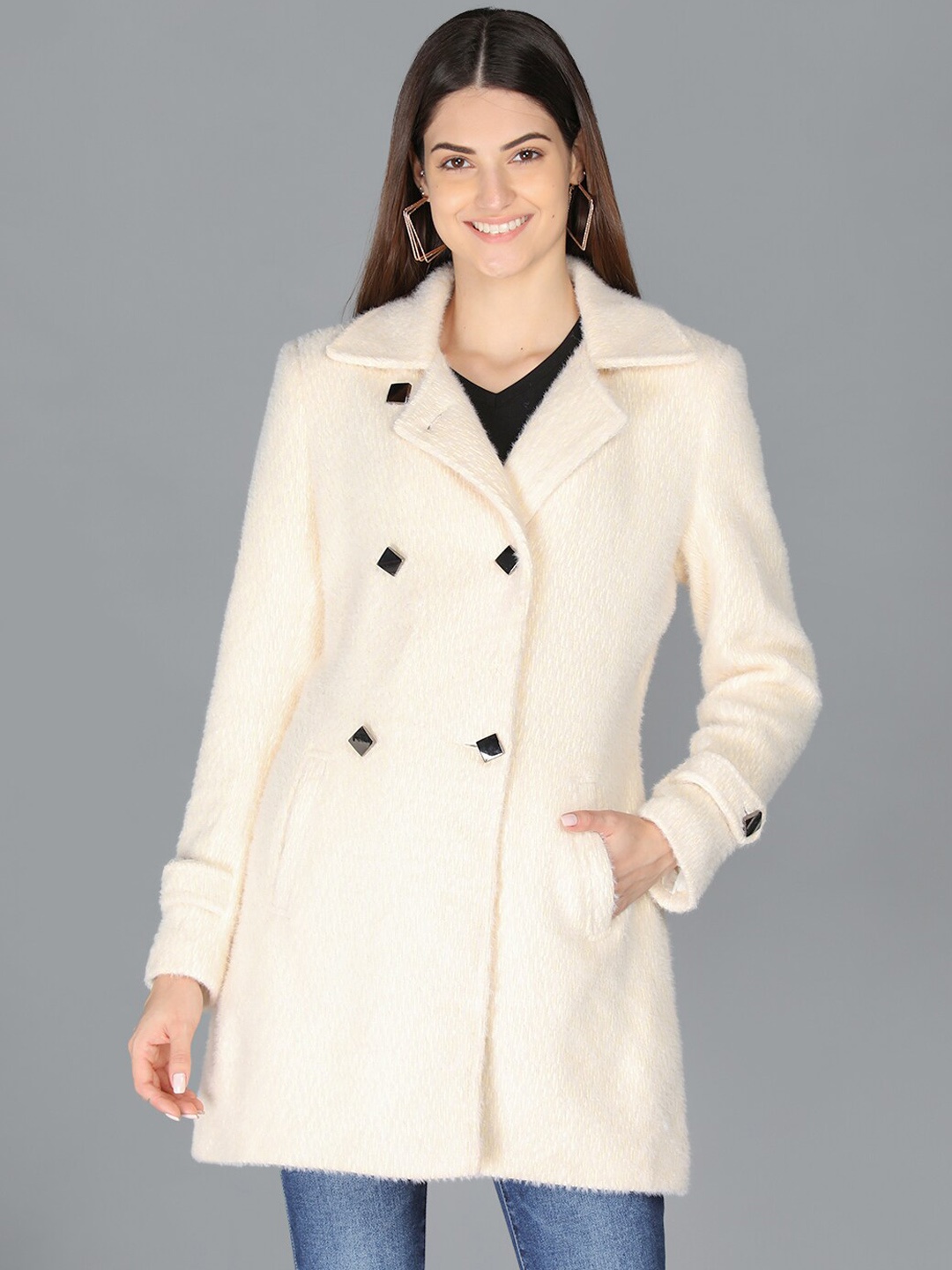 

LEBORK Women Off White Solid Longline Coats