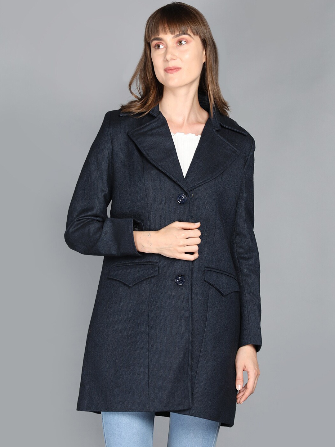 

LEBORK Women Navy Blue Solid Winter Over Coats