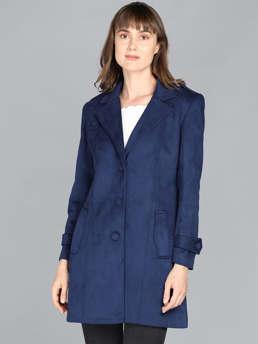 

LEBORK Women Navy Blue Solid Winter Over Coats