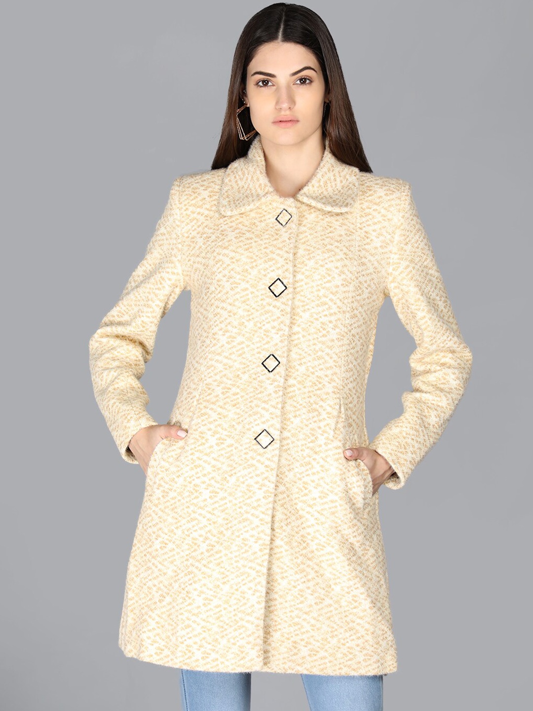 

LEBORK Women Cream Coloured Self Design Winter Over Coats