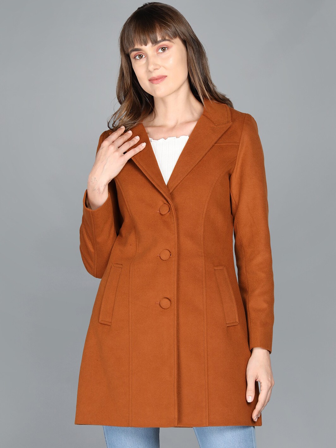 

LEBORK Women Tan Solid Front-Open Notched Lapel Overcoat