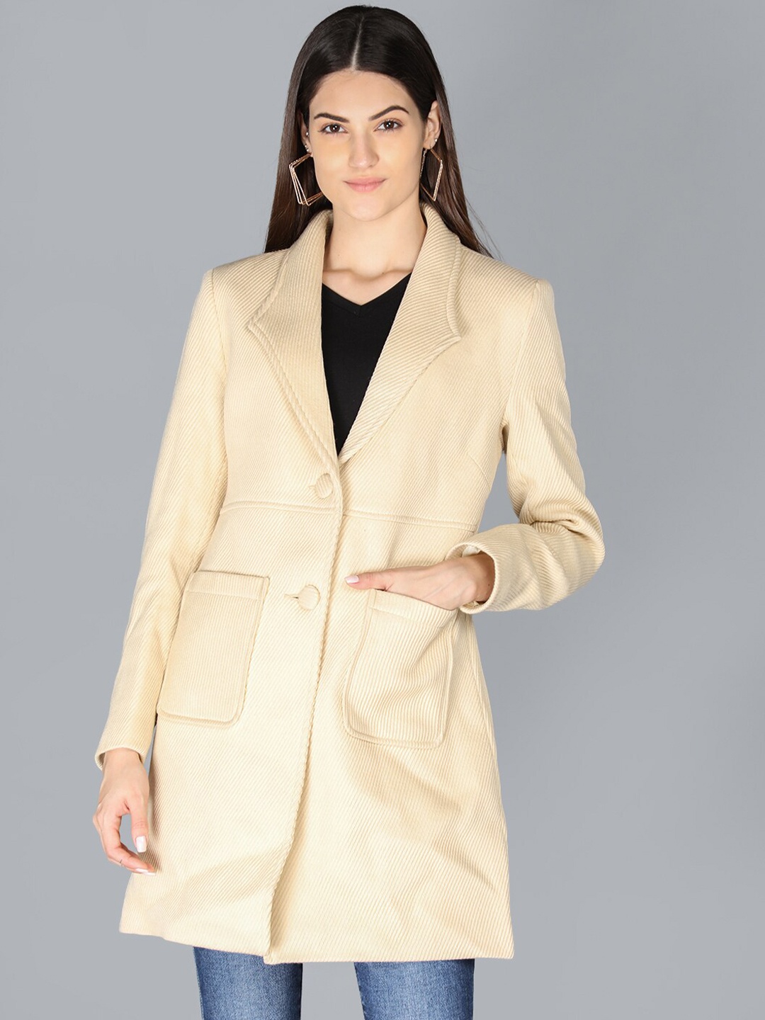 

LEBORK Women Off White Solid Winter Over Coats