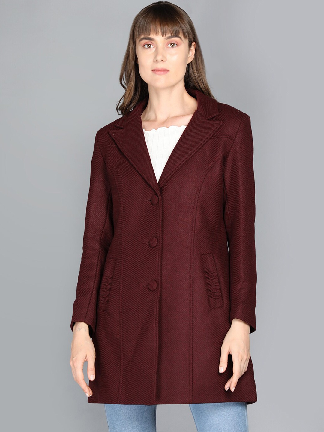 

LEBORK Women Maroon Solid Winter Over Coats