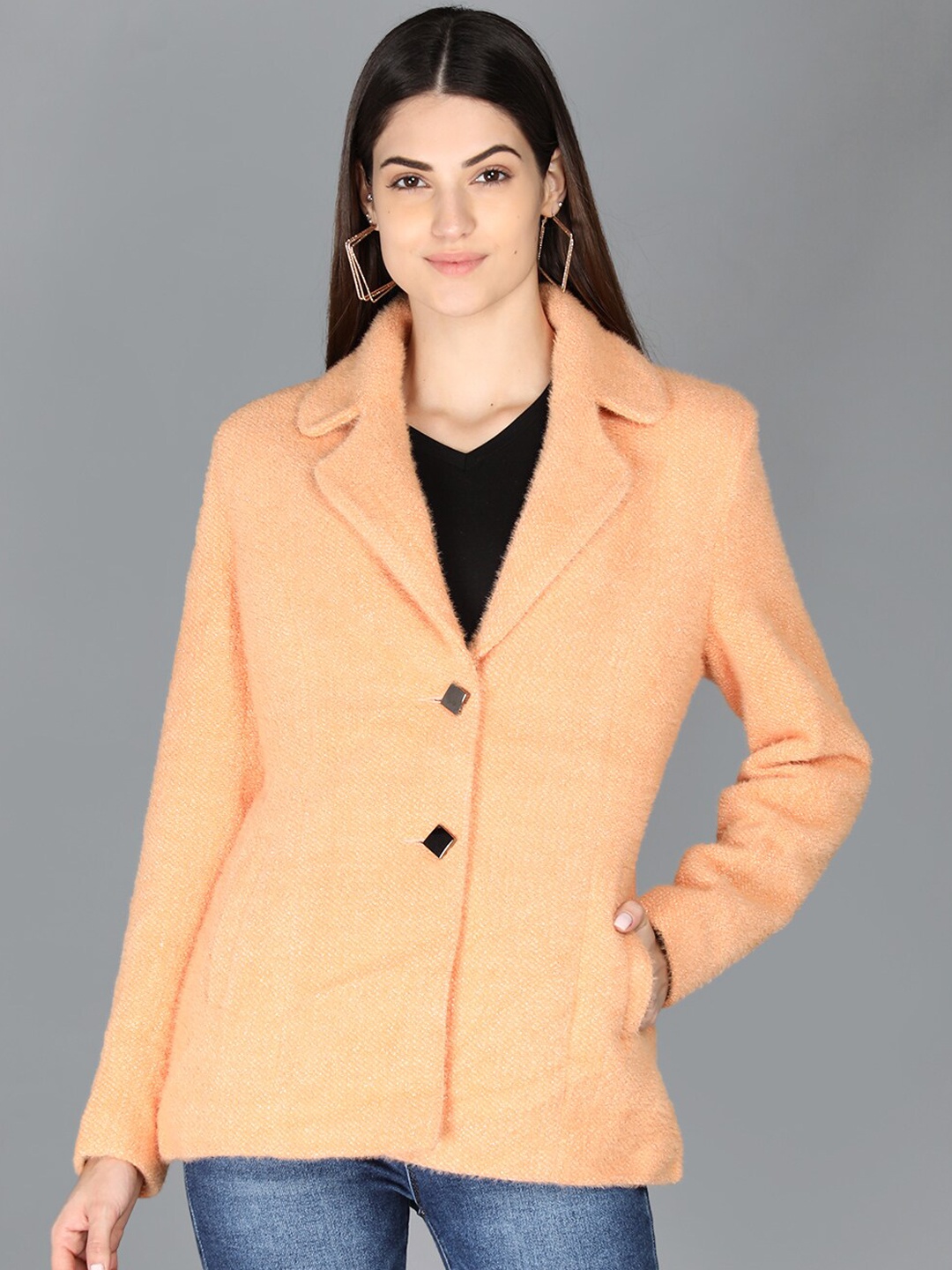 

LEBORK Women Peach Coloured Solid Winter Over Coats